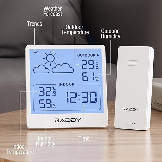 Raddy WF-50T Indoor Outdoor Thermometer Hygrometer Wireless Weather Station, Battery Powered Temperature & Humidity Monitor with 5.0’’ Display, Weather Forecast, Wireless Remote Sensor (White)