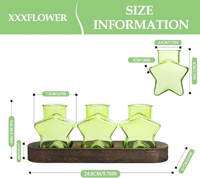 XXXFLOWER Plant Propagation Station with Wooden Stand，Air Plant Terrarium Starter Kits Star Vases for Flowers Plant Cutting Rooting Pots Indoor Hydroponic Glass Planter for Plant Lovers,3 Jars(Green)