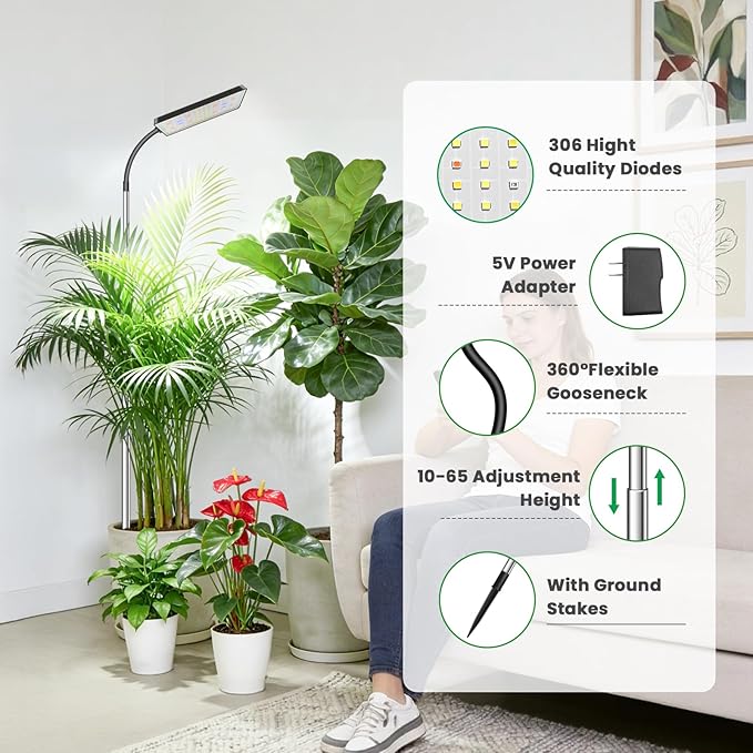 Plant lights for indoor Growing, 306 LEDs Full Spectrum Grow Light for Indoor Plants, 10-65in Height Adjustable for Growing Large Plants, 6/12/16 Timer,5 Dimmable Levels, 3 light Modes.2 Pack