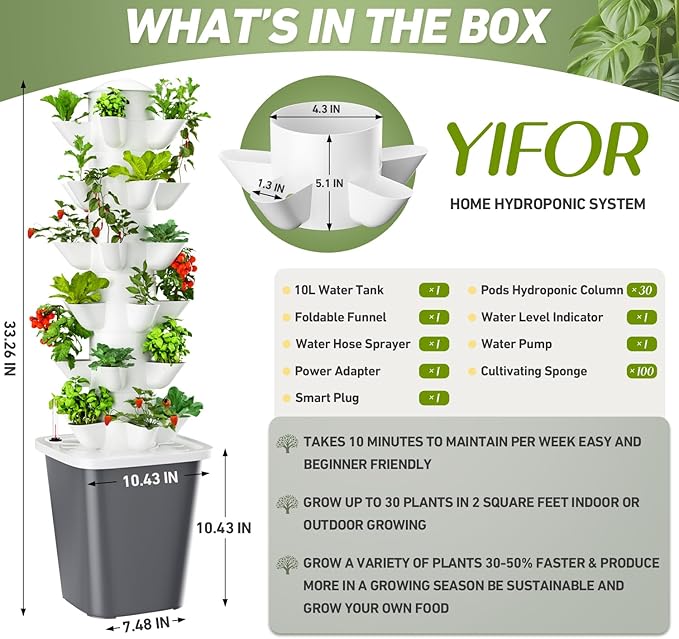 Vertical Hydroponics Garden Tower 30-Plant Hydroponic Growing System, Indoor Vertical Farming Garden Planter, Smart Herb Garden with Timing Plug Automatic Watering for Home Indoor Gardening System