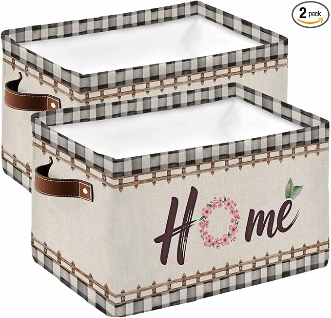 Spring Flowers Storage Bins Cubes Waterproof Cloth Storage Basket,Vintage Watercolor Black Plaid on Linen Foldable Storage Bags for Shelf Clothes Storages Organizers with Handles 15x11x9.5 in 2PCS