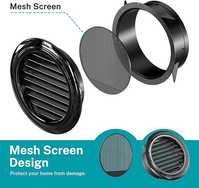 HG Power 8 Inch Soffit Vent, Black Round Vent Cover with Built-in Screen Mesh, ABS Louver Round Air Vent for Exhaust Fan, Inline Duct Fan, Bathroom, Kitchen, Garage Use, 200 mm