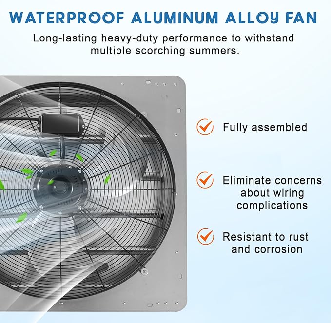 20" Wall Mounted Shutter Exhaust Fan, 3500 CFM High-Speed Ventilation, 1500 RPM Low-Noise, Aluminum Blades & Automatic Shutter for Attic, Garage, Greenhouse, Workshop & Louvered Vent Applications