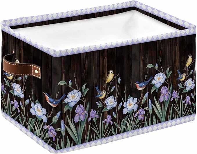 Spring Flowers Storage Bins Cubes Waterproof Cloth Storage Basket,Blue Floral Leaves Birds Country Farm Wood Grain Foldable Storage Bags for Shelf Storages Organizers with Handles 15x11x9.5 in 1PCS