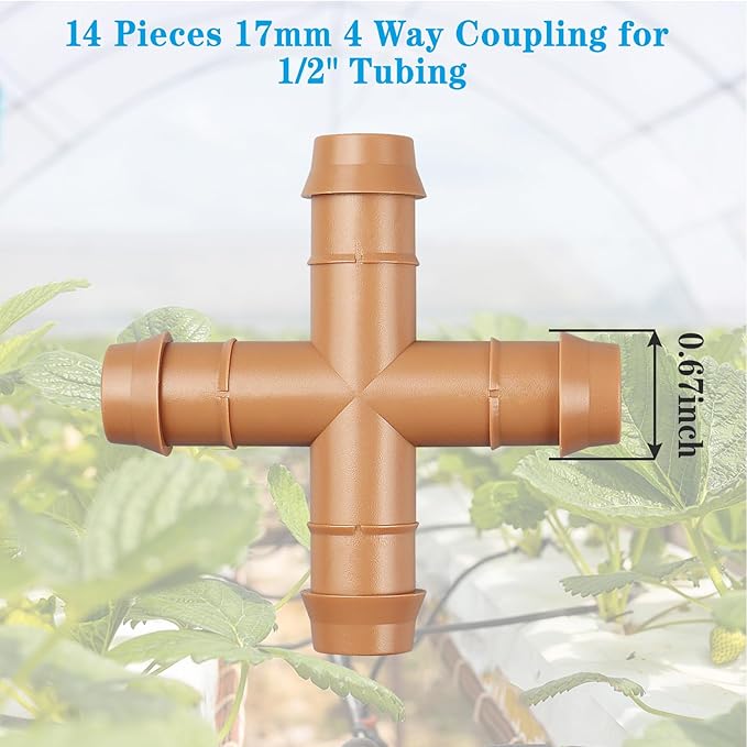 14 Pcs Drip Irrigation Cross Fittings 1/2 Inch, Drip Line Parts Four Way Connectors for 1/2" Irrigation Tubing, Barbed 4 Way Coupling Tee Irrigation System Replacement for Sprinkler Systems