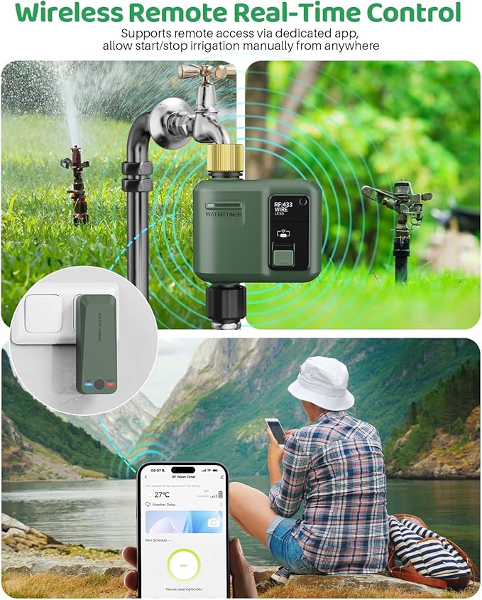 WiFi Water Timer for Garden Hose, 2 Pc Smart Sprinkler Controller with 984ft RF Range, Smart Lawn Watering System Irrigation Timer, APP/Voice Control, Rain Delay, Manual Irrigation (Brass Inlet)