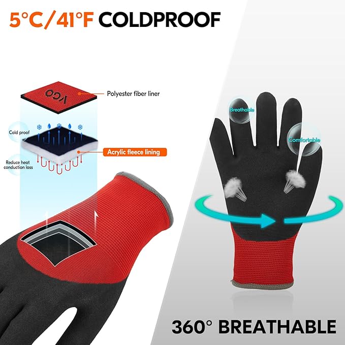 Vgo... 5-Pairs Freezer Winter Work Gloves, Double Lining Rubber Latex Coated for Outdoor Heavy Duty Work (Size M, Red, RB6032)