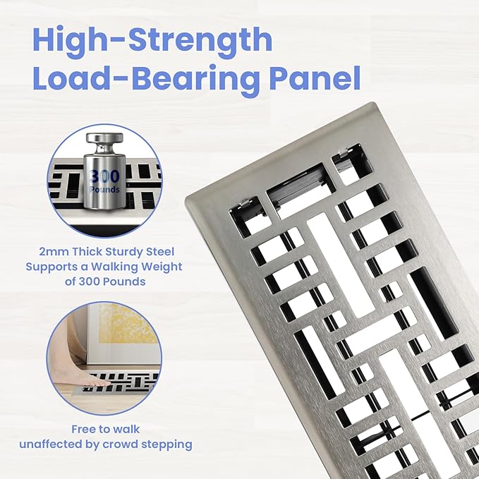 Howeall 4x14 Inches Heavy Duty Walkable Floor Register Easy Adjust Air Supply Lever Floor Vents - Seattle Design - Vent Cover for Home Floor - Satin Nickel