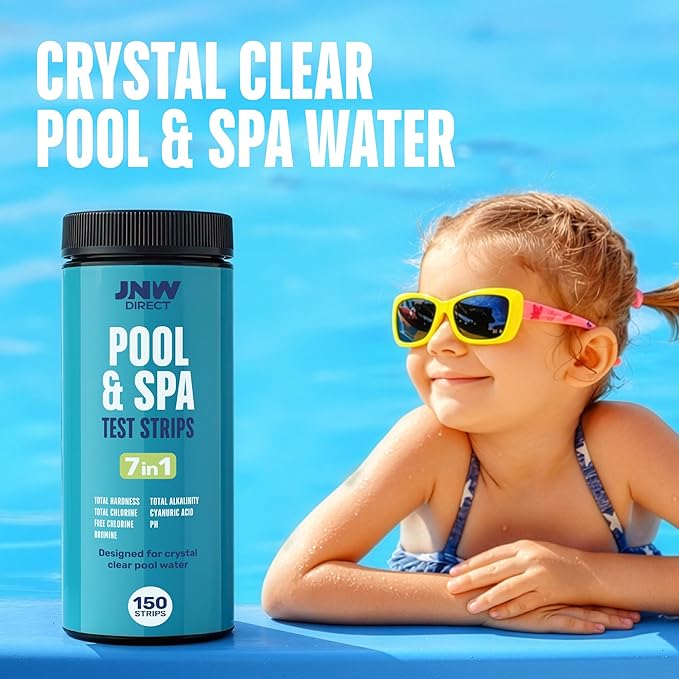 JNW 7-in-1 Pool Test Strips, 150 Quick & Accurate Test Strips for Pool Water, Spa Test Strips for Hot Tub, Chlorine Test Strips, Bromine, pH, Alkalinity, Hardness & More - Swimming Pool Test Kit