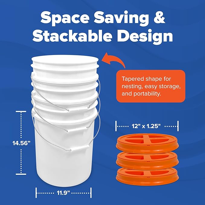 ePackageSupply 5 Gallon Bucket - Food Grade Bucket with Airtight Gamma Seal Screw-On Lid, BPA-Free, Heavy-Duty 90 Mil HDPE Plastic, Bulk Storage, Durable Container, Made in USA, White/Orange, 6 Packs