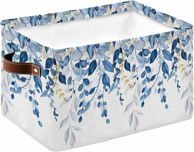 Blue Eucalyptus Storage Bins Cubes Waterproof Cloth Storage Basket, Watercolor Spring Weeping Botanical Foldable Storage Bags for Shelf Clothes Storages Organizers with Handles 15x11x9.5 in 1PCS