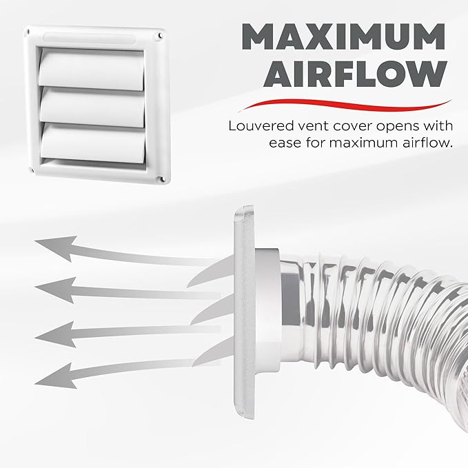 Deflecto Supurr-Vent 4” Outdoor Dryer Vent Cover White Louvered Wall Hood with Gravity Damper for Backdraft Prevention, Fits Standard 4” Dryer Exhaust Pipe, Weather & UV-Resistant, Durable 6"x6" Face