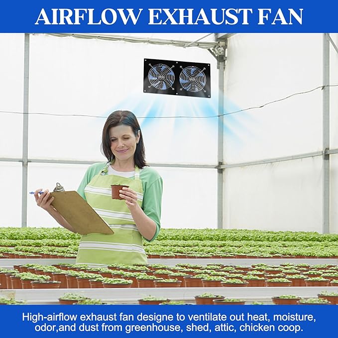 Solar Exhaust Fans & Powered Fan with 15W Panel & 2-Pack High-Speed Brushless DC Fans,Solar Ventilation Fan for Greenhouses, Chicken Coops, Attics, Barns, Sheds & Dog Houses