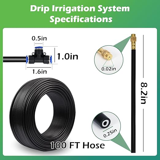 Drip Irrigation System 100 FT with 32 Nozzles, 360° Adjustable Bendable Garden Watering Misting System for Greenhouse, Yard, Lawn, Plant, Garden, 1/4 inch Hose