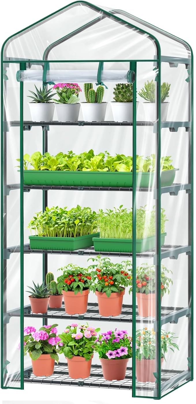 Mini Greenhouse for Outdoors Indoor: Ohuhu 23 x 19 x 75-Inch Small Plants Green House with 5 Tier Shelves, Portable Plastic Greenhouses with Heavy Duty Clear PVC Cover for Garden Patio Porch Balcony