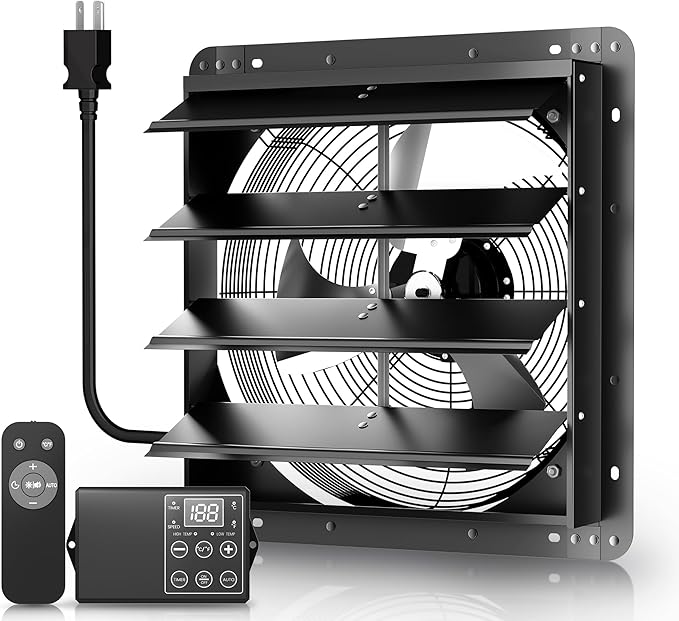 Xcity 10" Shutter Exhaust Fan with 6 ft Power Cord, AC Motor Attic Fan, Smart Variable Speed Remote Control (32.8ft Range), Auto Temp Timer, Wall Mount Fan for Home,Commercial, Garage, Waterproof