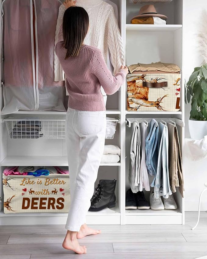 Deer Storage Bins Cubes Waterproof Cloth Storage Basket,Wildlife Animals Rustic Farmhouse Country Nature Elk Foldable Storage Bags for Shelf Clothes Storages Organizers with Handles 15x11x9.5 in 2PCS