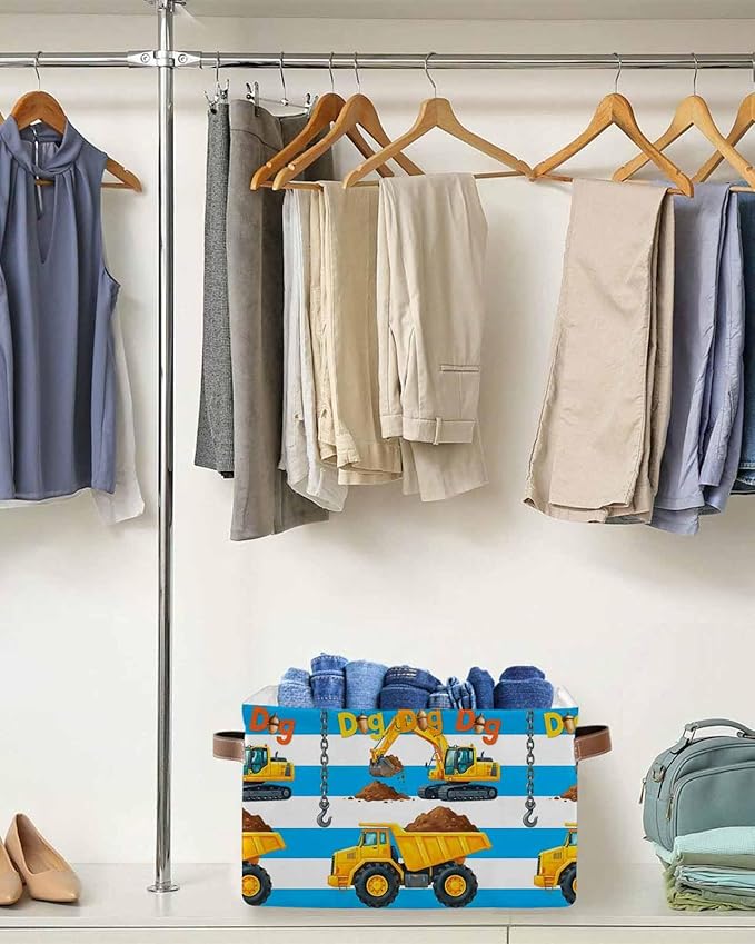 Blue Striped Yellow Truck Storage Bins Cubes Waterproof Cloth Storage Basket, Farmhouse Stripes Modern Art Foldable Storage Bags for Shelf Closet Clothes Organizers with Handles 15x11x9.5 in 1PCS
