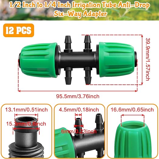 Gardrip Barbed Tee 1/2 Inch to 1/4 Inch Irrigation Tubing: Locked Barbed Reducing Tee 6-Way Adapter Anti-Drop Irrigation Fittings for Splitting 1/2" to 1/4" Drip Line System Parts (12 Pack)
