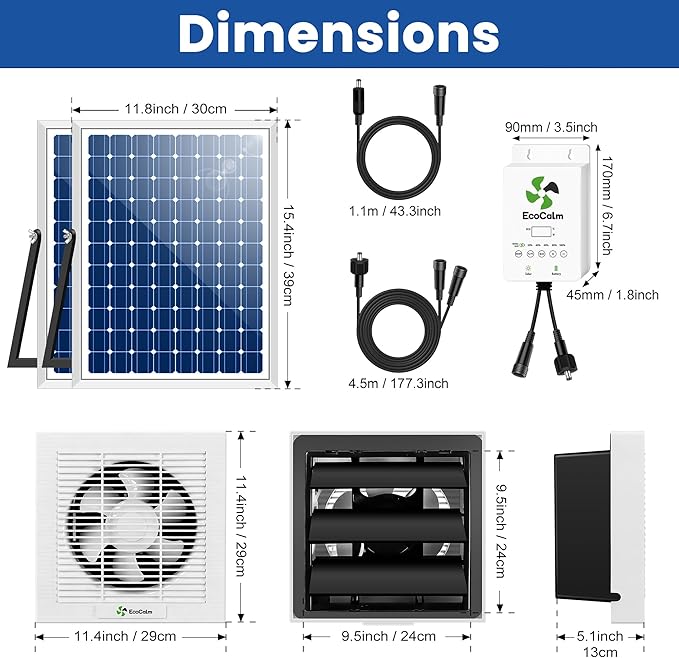 8" Solar Exhaust Fan with Battery and Adjustable Thermostat, Shutter Ventilation Fan for Greenhouse, Attic, Garage with 2PCS 15W Bifacial Solar Panels