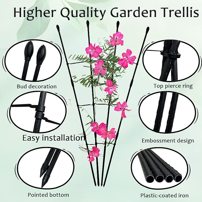 Garden Trellis for Climbing Plants, 2Pack-Plant Trellis, 2 in 1 Rustproof Metal Pipe with Plastic Coated, 4Ft Plant Support for Potted Plant Outdoor Indoor, Tomato Cages & Supports for Vines