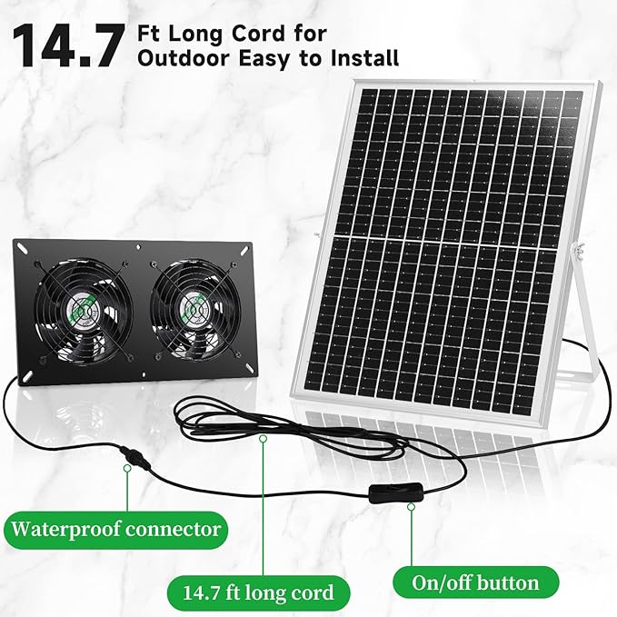 blessny 25W Solar 2 Fan Kit for Outdoor Greenhouse, Solar Powered Vent Exhaust Ventilation Fan for Chicken Coop, Shed Air Circulation, 14.7 Ft Long Cord with IP65 Weatherproof Rate
