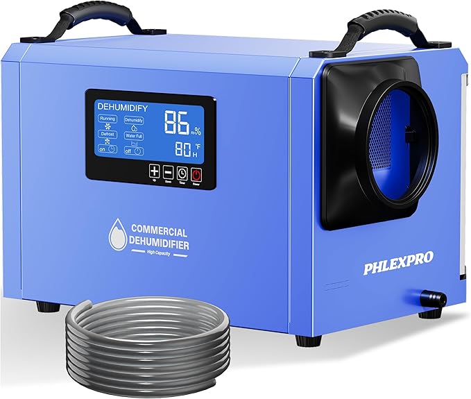 145 Pint Commercial Dehumidifier with Drain Hose for Crawl Spaces, Basements, Industry Water Damage Unit Restoration for up to 6000 Sq.Ft, Auto Defrost, Memory Starting, Blue(Gift Directional Wheels)