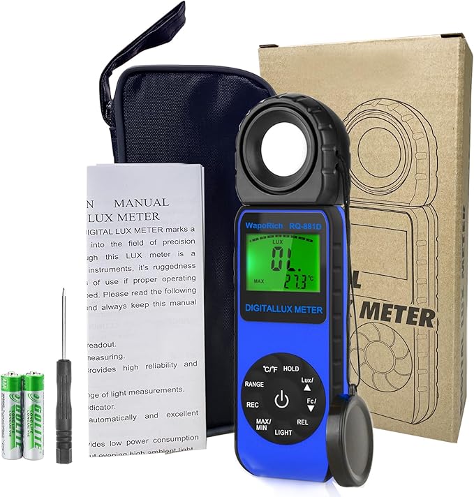 Digital Light Meter WapoRich RQ-881D Illuminance Tester w/Rotatable Sensor 1-400,000 Lux/FC for LED White Light, Plants, Photography, Home & Industrial Use