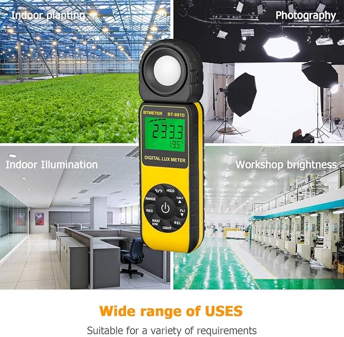 BTMETER BT-881D Digital Illuminance Light Meter, Measure Lights 0.01~400,000 Lux (0.01~40,000 FC) Foot Candles Luxmeter with 270º Rotated Sensor for Plants LED Lights Indoor Outdoor Light Tester