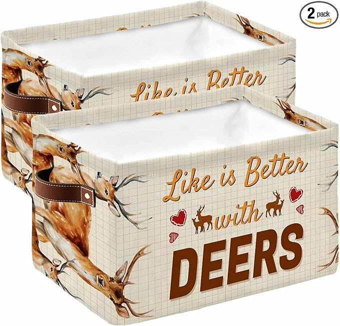 Deer Storage Bins Cubes Waterproof Cloth Storage Basket,Wildlife Animals Rustic Farmhouse Country Nature Elk Foldable Storage Bags for Shelf Clothes Storages Organizers with Handles 15x11x9.5 in 2PCS