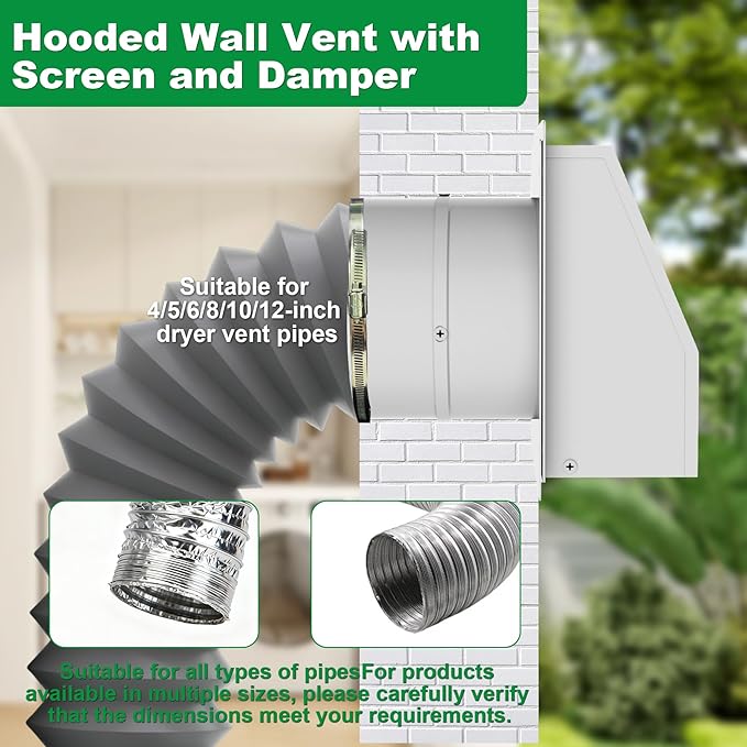 12 Inch Hooded Wall Vent with Screen and Damper, Stainless Steel Wall Vent Exhaust Vent Cover, Exhaust Exterior Air Vent Cover Cap for Kitchen Range Hood HVAC Duct Dryer Ventilation