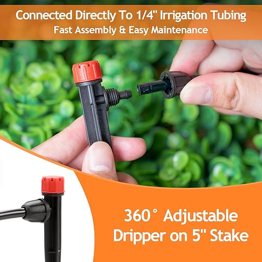 50pcs Drip Emitters for 1/4" Irrigation Tubing, Easy Connect Adjustable 360 Degree Water Flow Sprayer On 5" Stake for 4/7mm Tube Locked Drippers for Garden, Flower, Plant