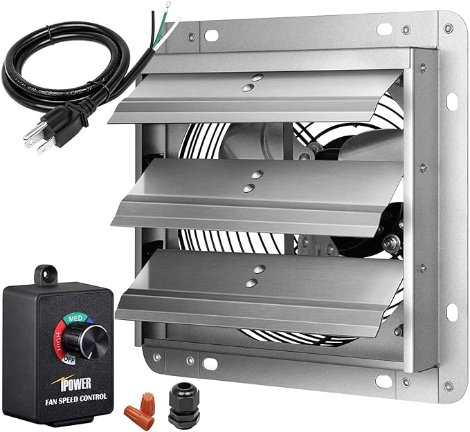 iPower 7 Inch Shutter Exhaust Fan Aluminum with Speed Controller and Power Cord Kit ,High Speed, 1680 RPM, 760 CFM, Silver