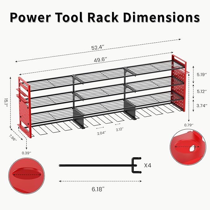 Frizoky 52" Heavy Duty Power Tool Organizer Wall Mount with 12 Drills Holder, 4-Tier Power Tool Storage Rack, DIY Pegboard Side Panels,4 Long Hooks, Garage Metal Tool Shelf for Battery,Drills