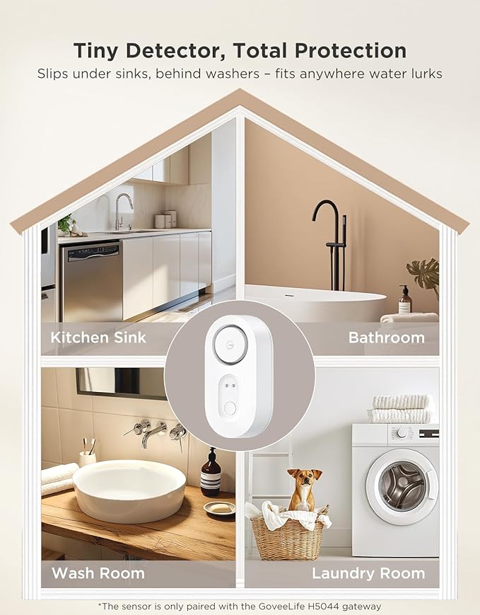 GoveeLife Water Leak Detector with 105dB Adjustable Alarm, Water Alarm with Dual Sets Sensor Probes Leaks and Floods. Suit for Home, Basement, and Kitchen(Cannot Connect to Wi-Fi Directly)