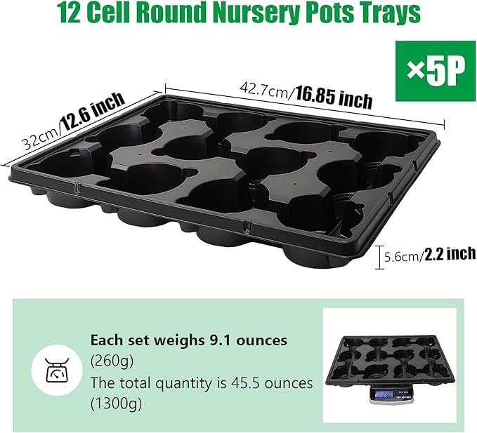 RooTrimmer 12 Cell Round Nursery Trays Thickened Durable Seedling Pots Shuttle Carrying Trays for Holding 4 inch Pots (16.85" 12.6", 5-Pack)