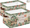 Eucalyptus Trucks Storage Bins Cubes Waterproof Cloth Storage Basket,Spring Farmhouse Floral Leaves Burlap Foldable Storage Bags for Shelf Clothes Storages Organizers with Handles 15x11x9.5 in 2PCS