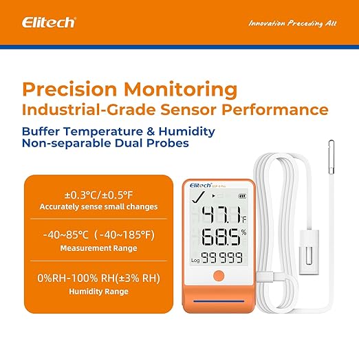 Elitech GSP-6G Bluetooth Data Logger Temperature Humidity with 100000 Points Data Storage Export, Pharmacy Vaccine DDL, MAX MIN AVR MKT, GSP-6G-ISO 17025 Certified with Dual Probe GLE/The