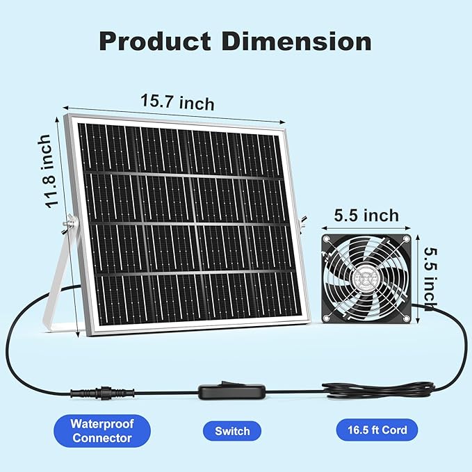 5.5" Solar Chicken Coop Fan 3 Kit, 30W Solar Powered Greenhouse Fan, Solar Exhaust & Intake Fans Outdoor Waterproof, for Outside Shed Doghouse Ventilation Air Circulation Cooling
