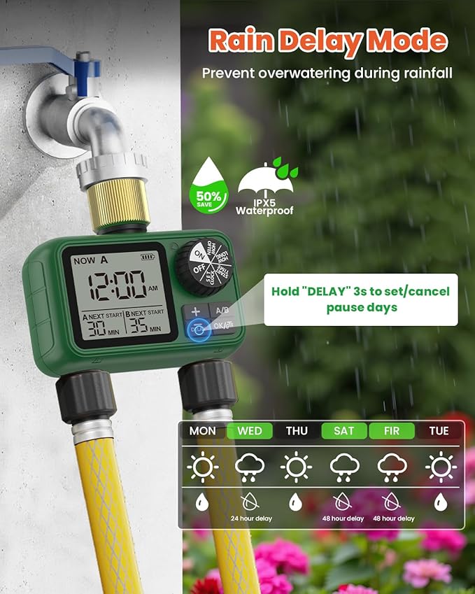 2 Zones Brass Inlet & Outlet Water Timer for Outdoor Garden Hose, Sprinkler Timer for Garden Faucet with Auto/Manual/Rain Delay Mode, Sprinkler Irrigation Controller for Yard Lawn