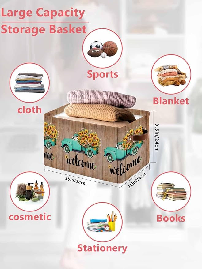 Country Sunflowers Storage Bins Cubes Waterproof Cloth Storage Basket, Welcome Rustic Truck Floral Farm Brown Foldable Storage Bags for Shelf Closet Clothes Organizers with Handles 15x11x9.5 in 2PCS
