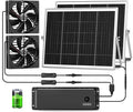 7.1" Solar Fan with Battery, 25W x 2 Large Solar Powered Rechargeable Fan Outdoor Waterproof, 25600 mAh Battery Exhuast or Intake Fans for Chicken Coop Greenhouse Dog Shed Ventilation Cooling