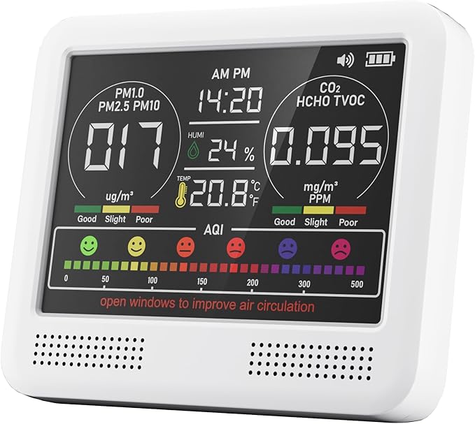 16-in-1 Indoor Air Quality Monitor with PM1.0,PM2.5,PM10,CO2,HCHO,TVOC,Temperature,Humidity,Time Display &7 AQI Alarms – Professional Air Quality Tester for Home, Office & Indoor Use (Ivory White)