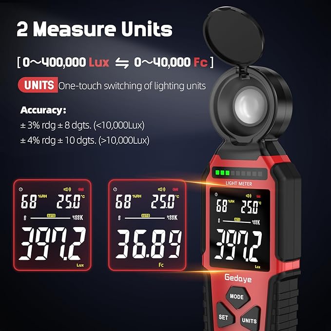 Light Meter Lux Foot Candles Meter 0~400,000 Lux Range, Large Backlit Display, Light Meter for Plants Luxmeter Light Meter Digital Illuminance Meter Handheld