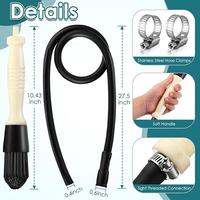 Dreyoo Parts Washer Brush with 27.5 Inch Flow Hose, Wear Resistant Cleaning Tool with 2 Stainless Steel Clamps, Flow Through Parts Brush for Automotive Cleaning and Car Detailing