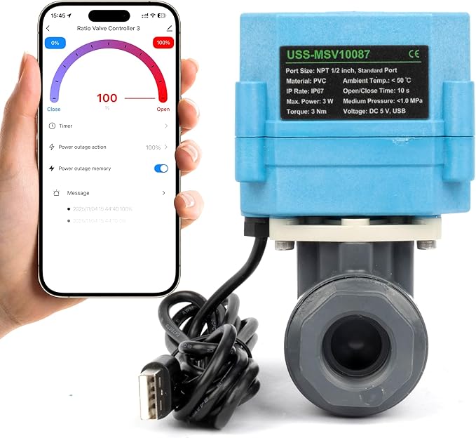 U.S. Solid WiFi Smart Motorized Ball Valve 1/2 inch NPT for Water Control & Irrigation, 2 Way PVC Electric Valve, USB Powered, LED Status Indicator, Flow Direction Window, Remote On/Off Control