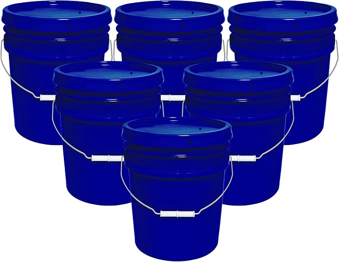 MKS Plastics 5-Gallon Bucket with Airtight Lid – Made in USA, Food Grade BPA Free Plastic, Heavy Duty Multi-Use, Metal Handle with Grip, Stackable Storage – Fina Blue, 6 Pack