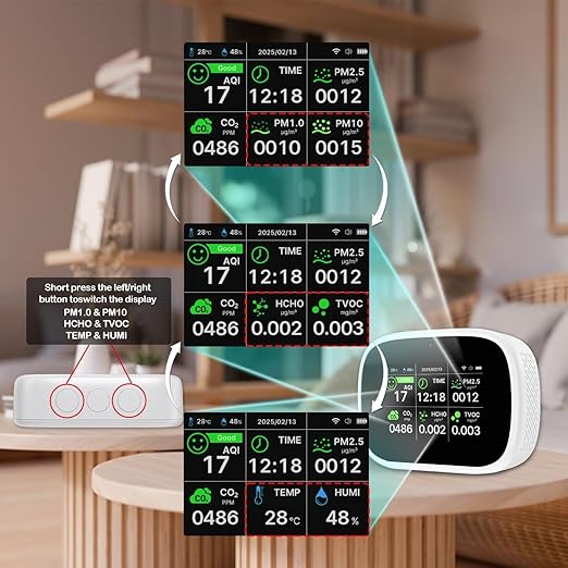 Smart Air Quality Monitor Indoor, WiFi Air Quality Tester with APP Remote Control for AQI CO2 PM2.5 HCHO TVOC Temperature Humidity, Wall-Mounted Air Detector for Home Office – Black