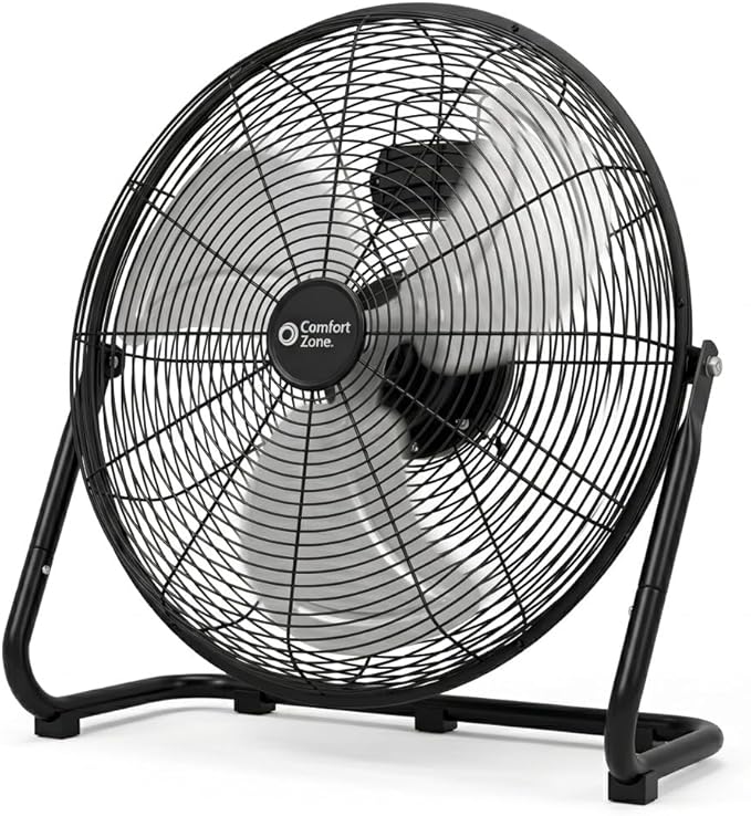 Comfort Zone 20-Inch High-Velocity Industrial Floor Fan, Heavy-Duty 3-Speed Metal Shop Fan with 180° Adjustable Tilt & Carry Handle, Quiet Vibration-Free Cooling for Garage, Workshop, & Home