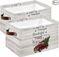 Merry Christmas Storage Bins Cubes Waterproof Cloth Storage Basket, Truck Xmas Tree Farmhouse Buffalo Plaid Foldable Storage Bags for Shelf Closet Clothes Organizers with Handles 15x11x9.5 in 2PCS